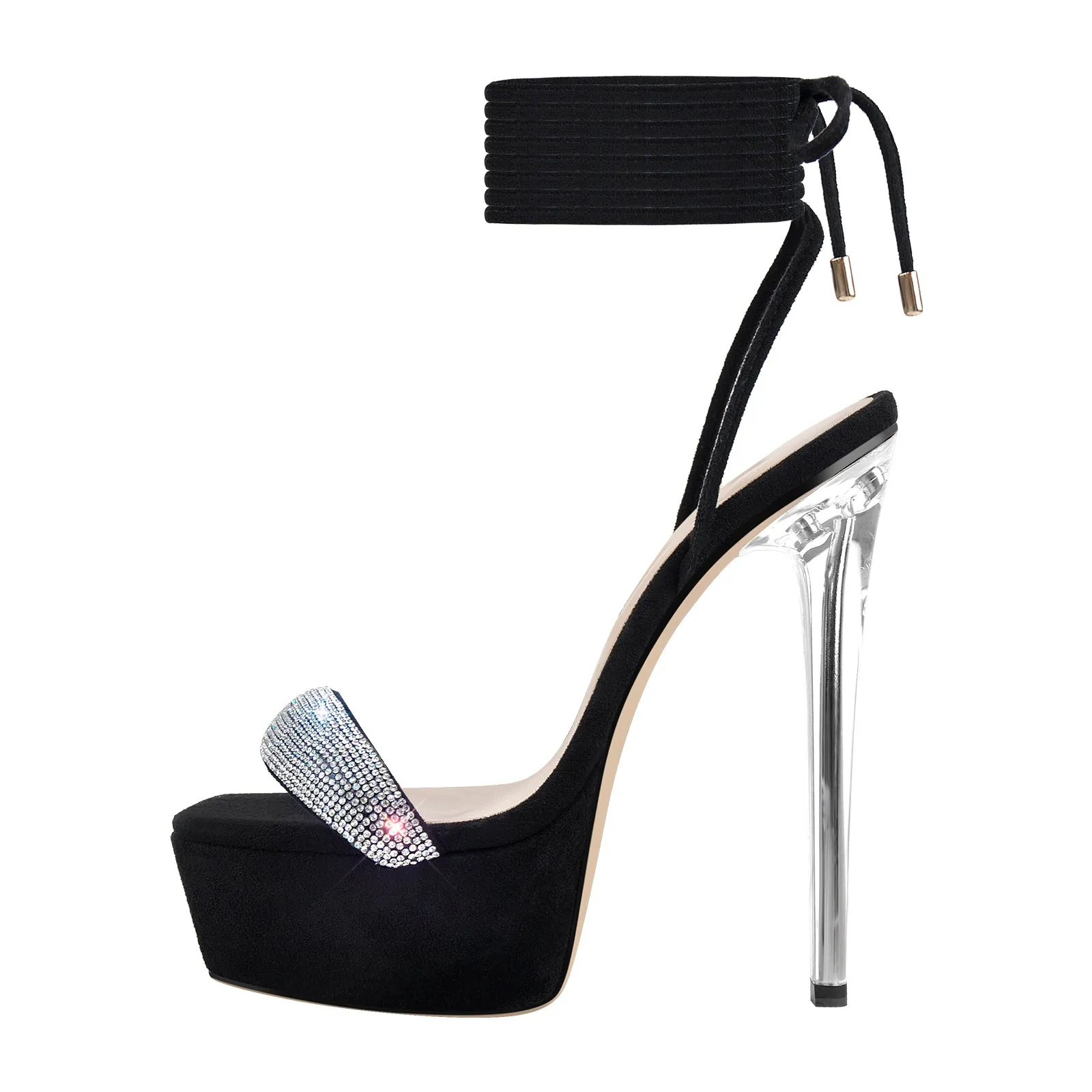 Platform Square Toe Rhinestone Band Lace Up Stiletto Sandals sold by Onlymaker