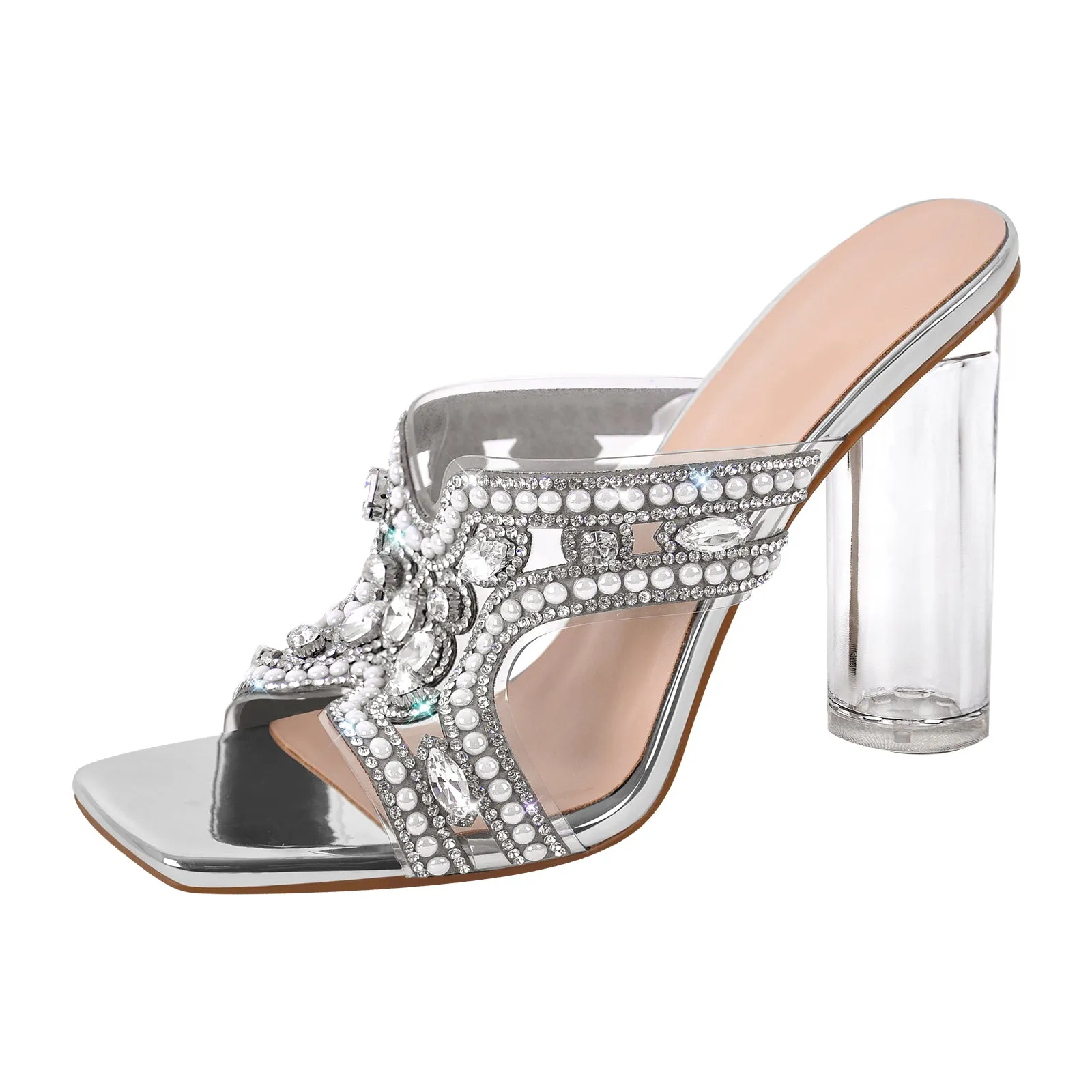 Pearl Rhinestone Square Toe Chunky Heel Sandals sold by Onlymaker product image thumbnail 2