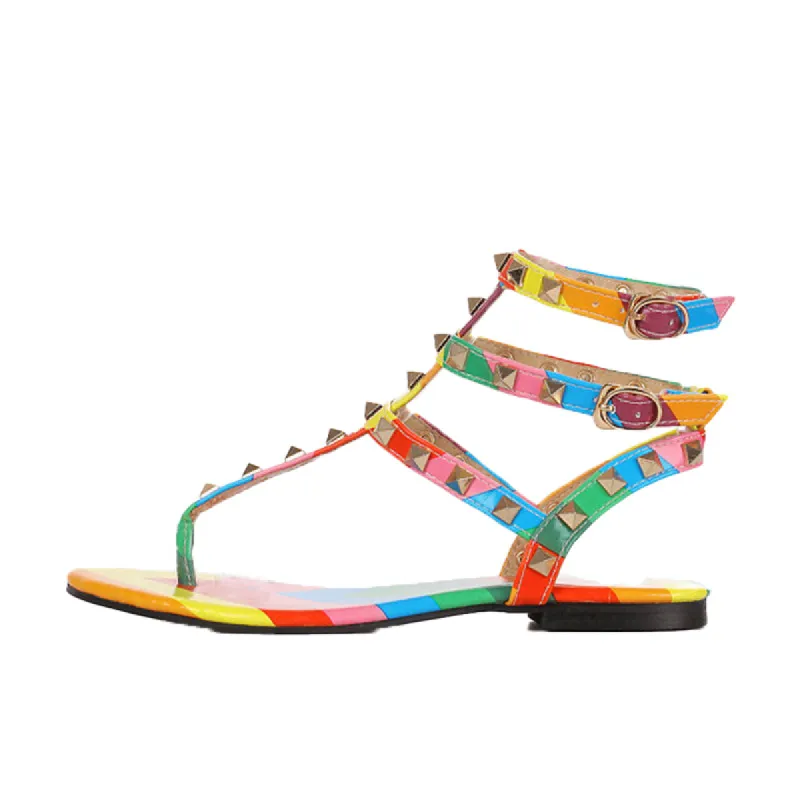 Rainbow Rivet Thong Ankle Strap Sandals Flats sold by Onlymaker