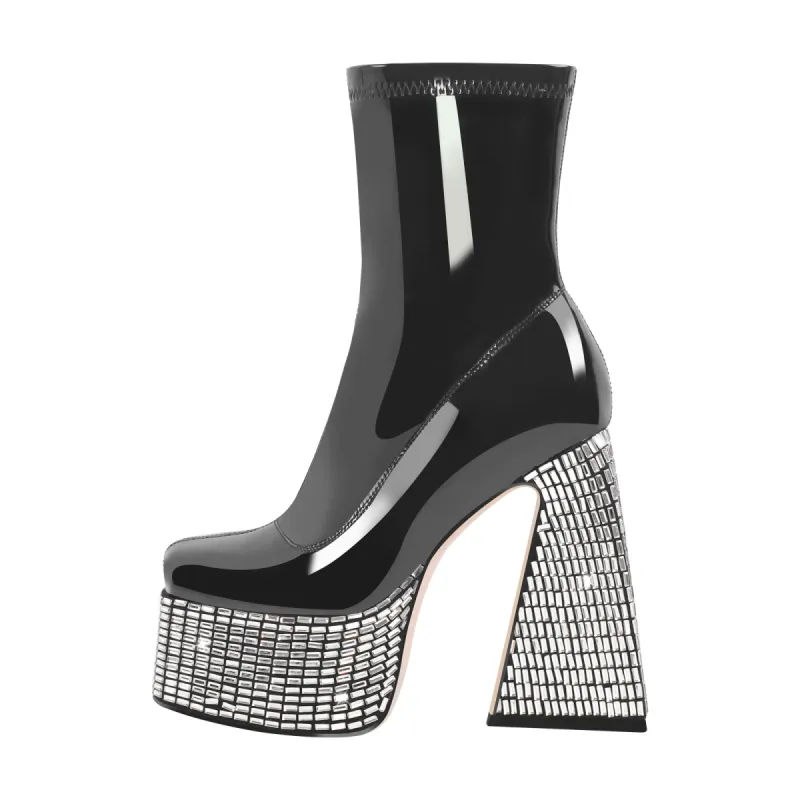 Rhinestone Square Toe Platform Chunky Heel Ankle Boots sold by Onlymaker