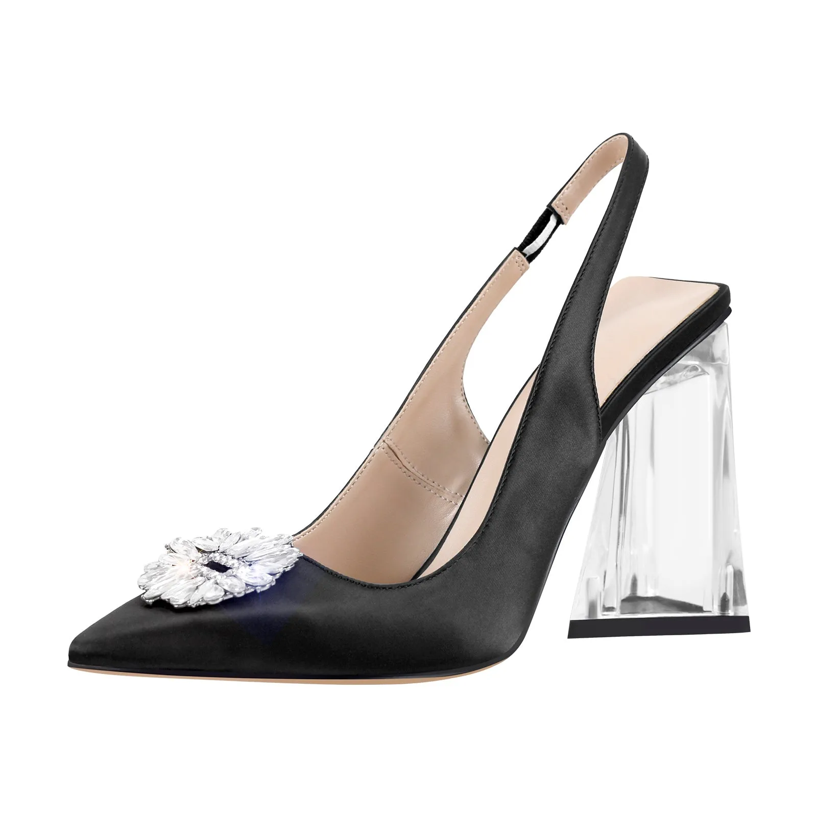 Pointed Toe Rhinestone Clear Chunky Heel Slingback Pumps sold by Onlymaker