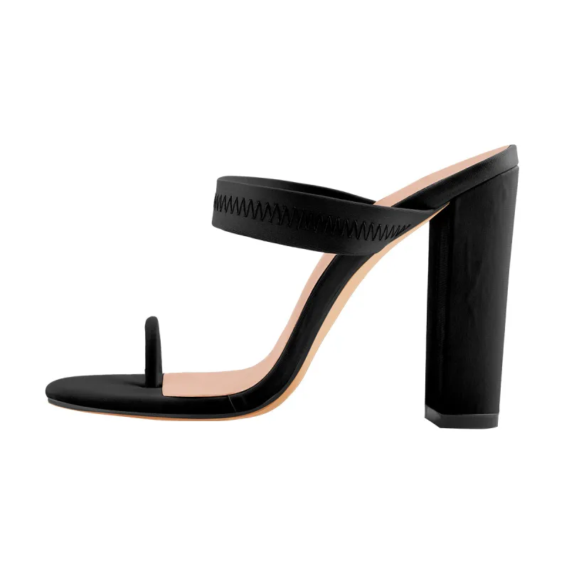 Black Chunky High Heel Mules Toe Ring Sandals sold by Onlymaker