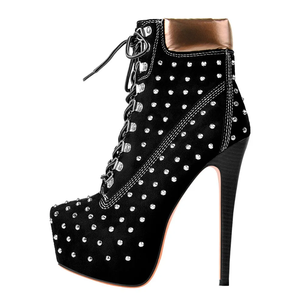 Black Suede Round Toe Rivet Lace-up Ankle Boots sold by Onlymaker