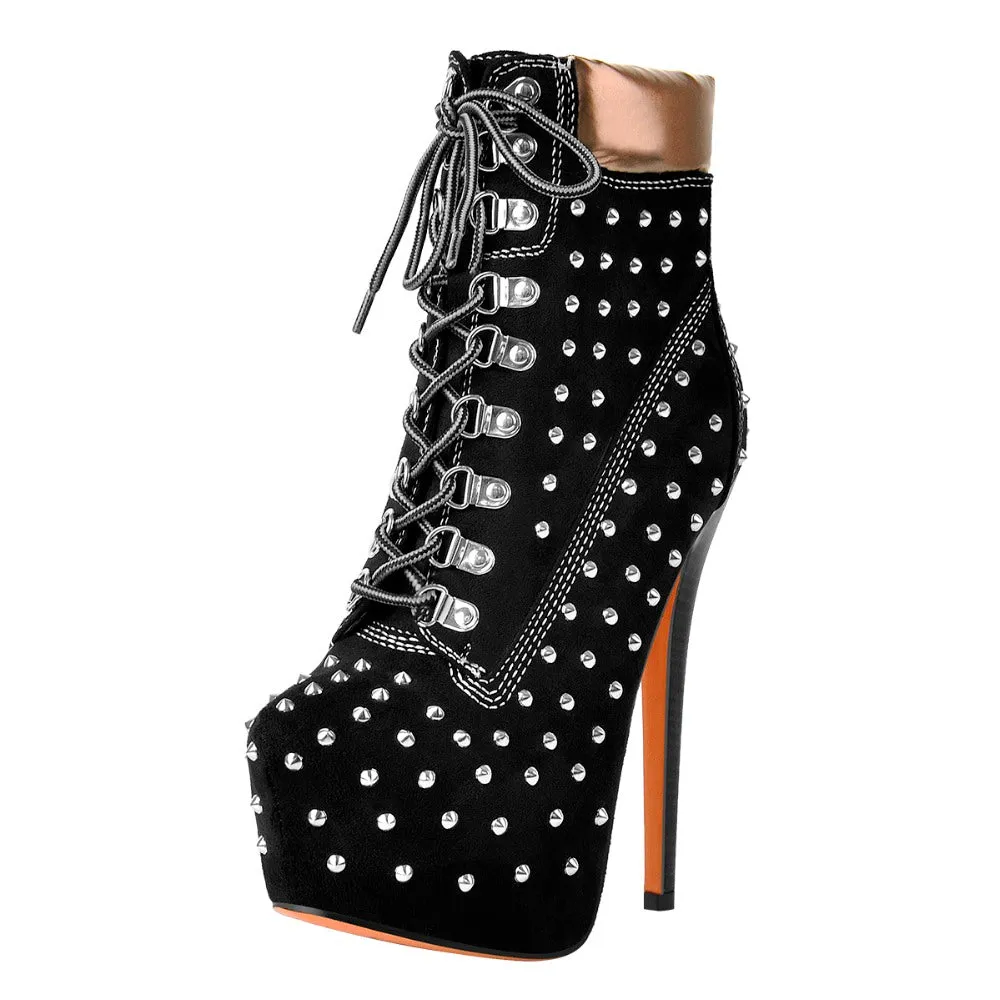 Black Suede Round Toe Rivet Lace-up Ankle Boots sold by Onlymaker product image thumbnail 2