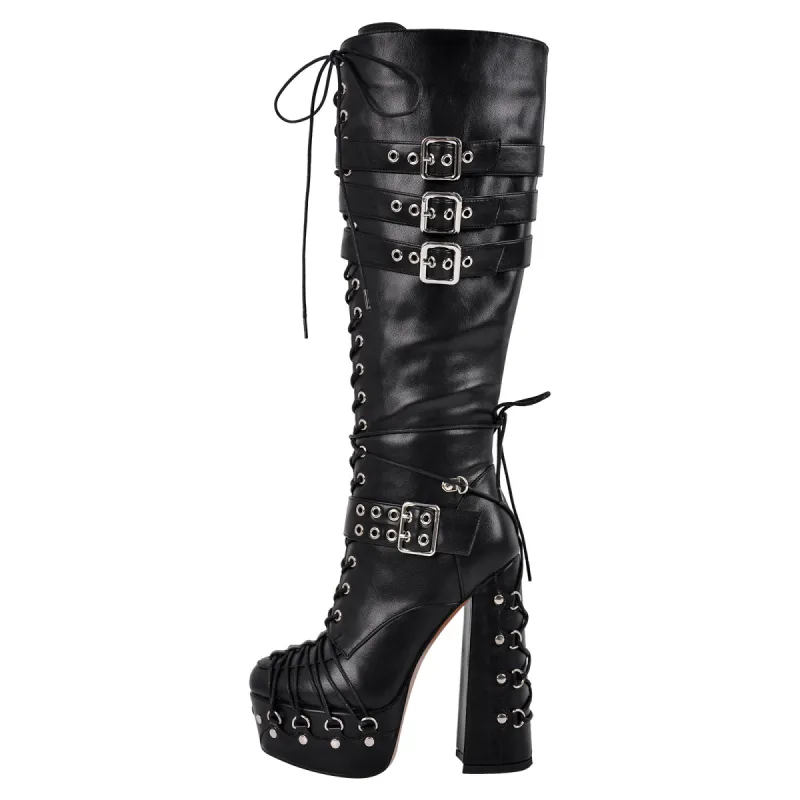 Buckle Lace-up Platform Knee High Boots sold by Onlymaker