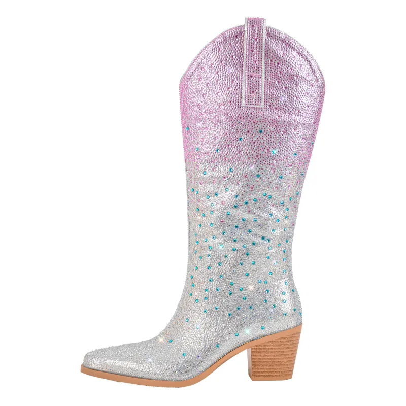 Rhinestone Chunky Heel Mid-calf Western Boots sold by Onlymaker