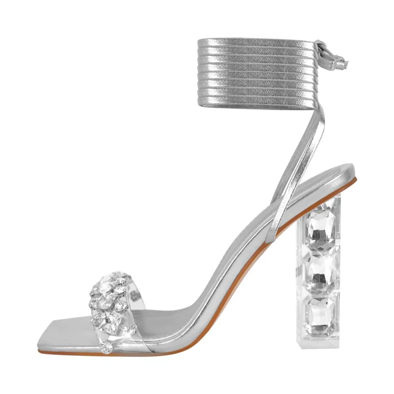 Rhinestone Square Toe Clear Heel Lace-up Sandals sold by Onlymaker