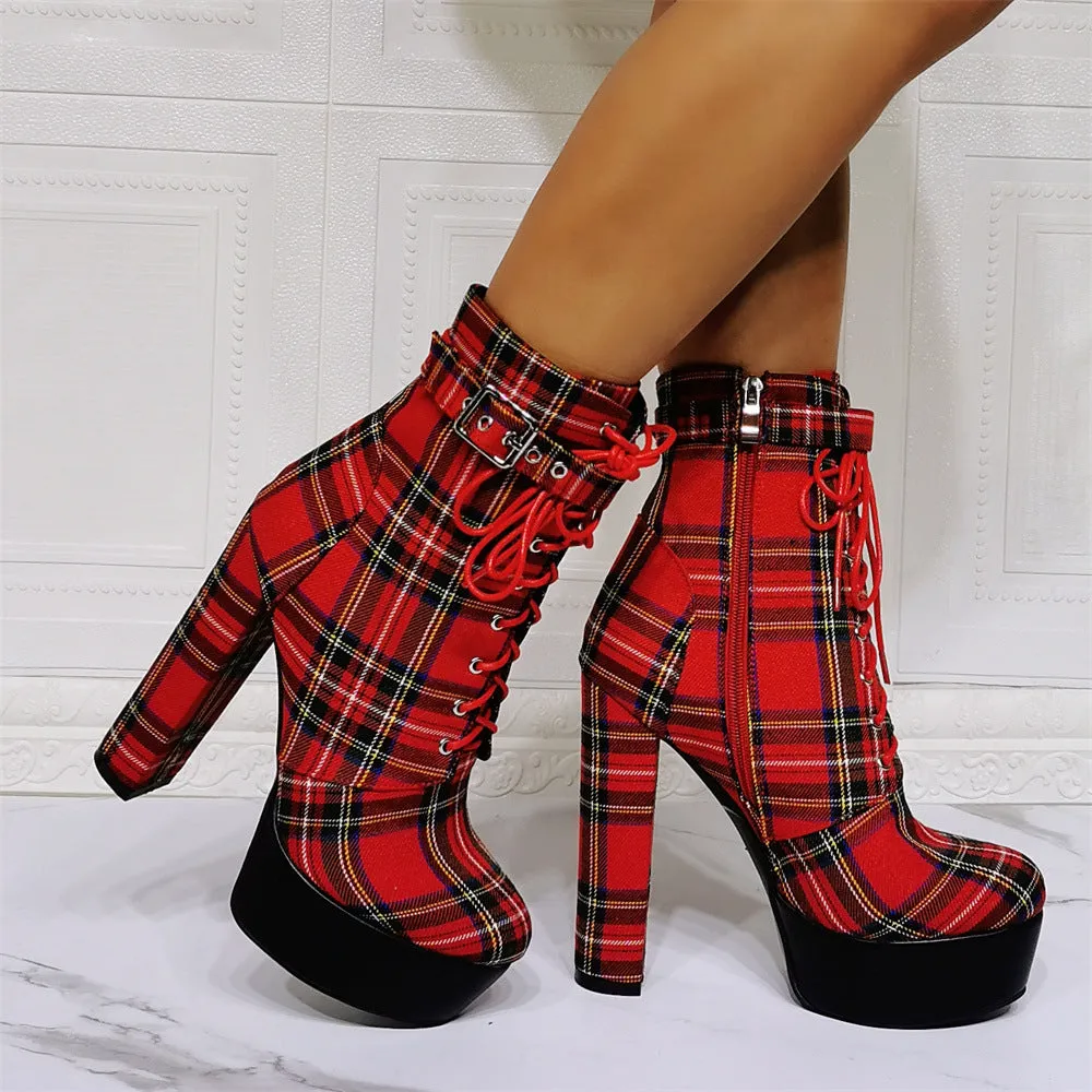 Chunky Heel Plaid Ankle Boots sold by Onlymaker product image thumbnail 4