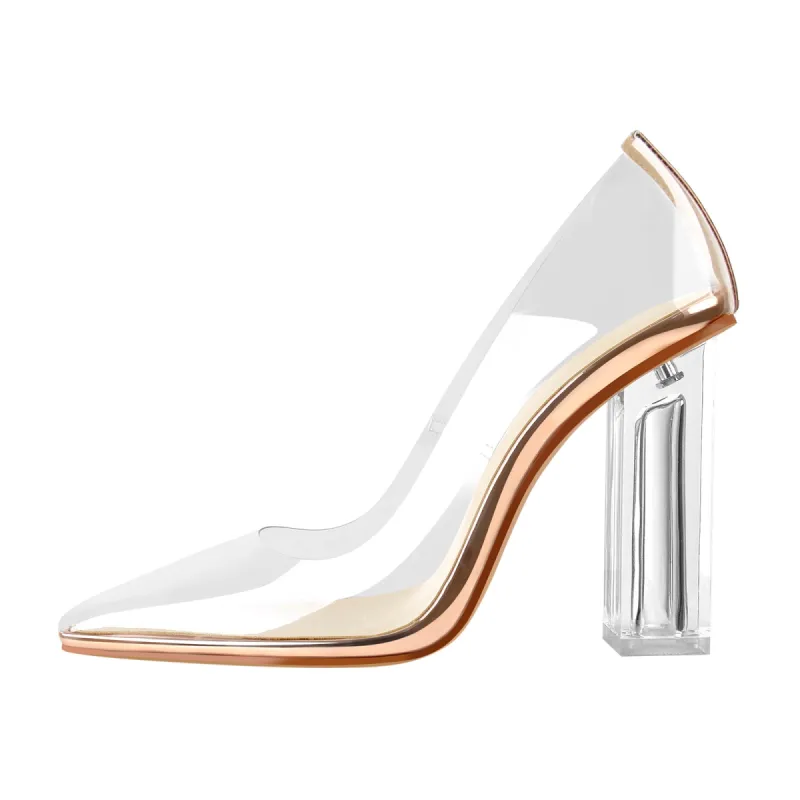 Clear Pointed Toe Block High Heel Pumps sold by Onlymaker