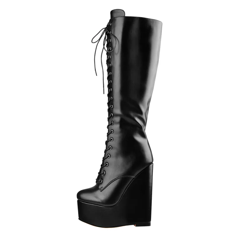 Round Toe Wedge Heel Lace Up Zip Knee High Boots sold by Onlymaker