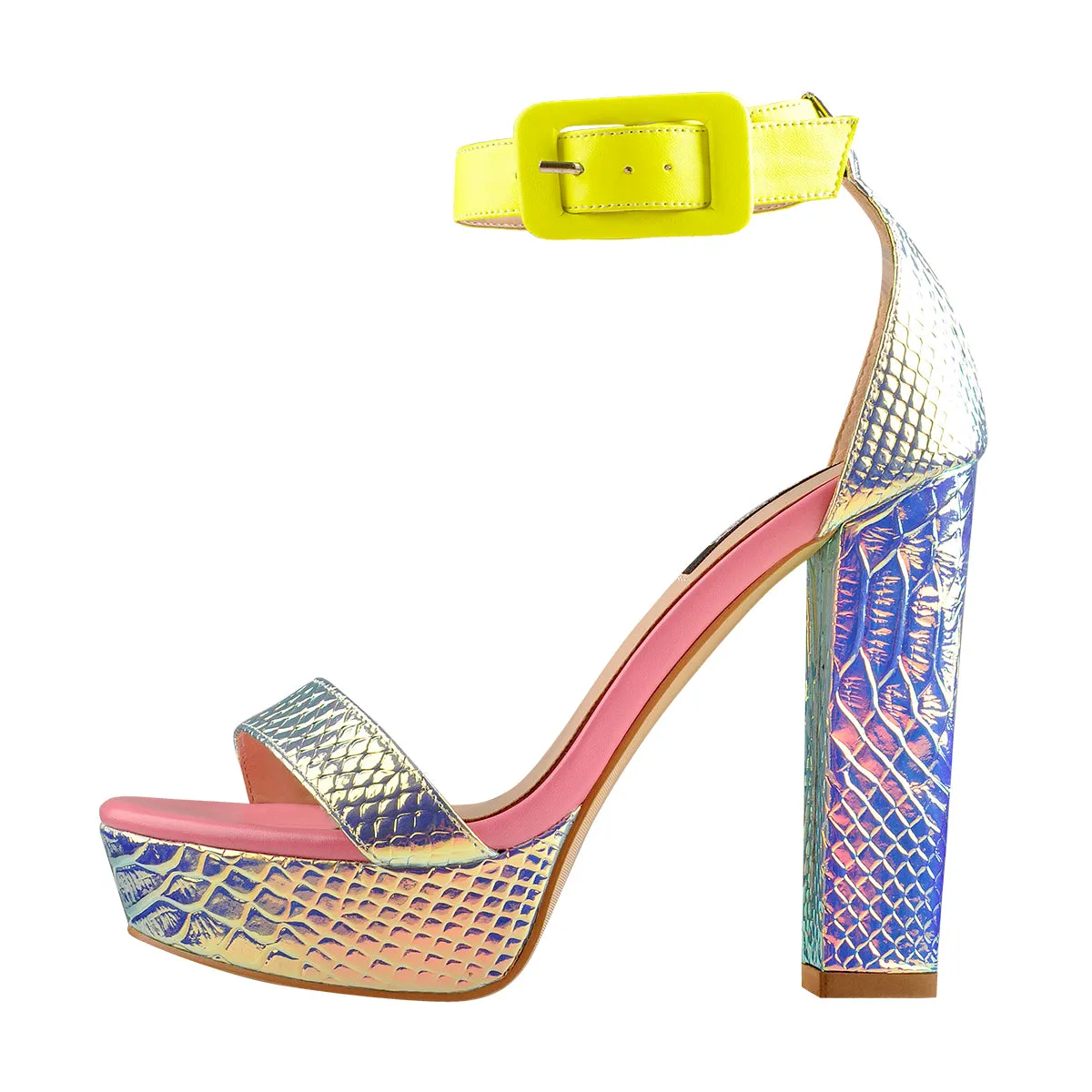 Holographic Snake Pattern Open Toe Platform Chunky Square Heels Ankle Strap Sandals sold by Onlymaker