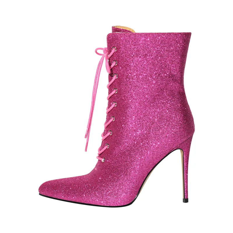 Pointed Toe Lace up Stilettos Glitter Ankle Boots sold by Onlymaker
