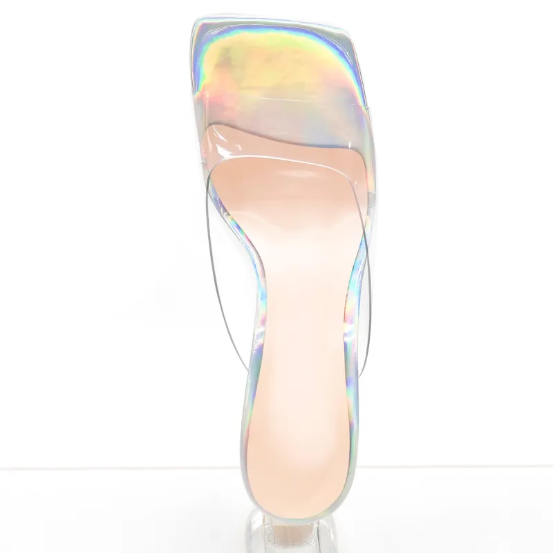 Holographic Transparent Chunky Heel Square Toe Sandals Mules sold by Onlymaker