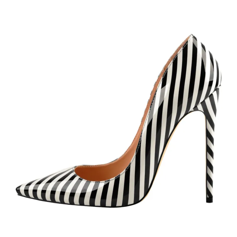 Black White Stripes Pointed Toe High Heel Pumps sold by Onlymaker