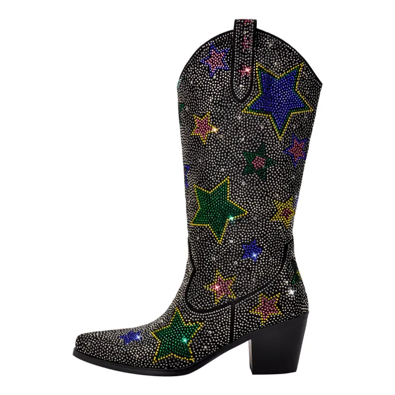 Rhinestone Star Chunky Heel Mid-Calf Western Boots sold by Onlymaker
