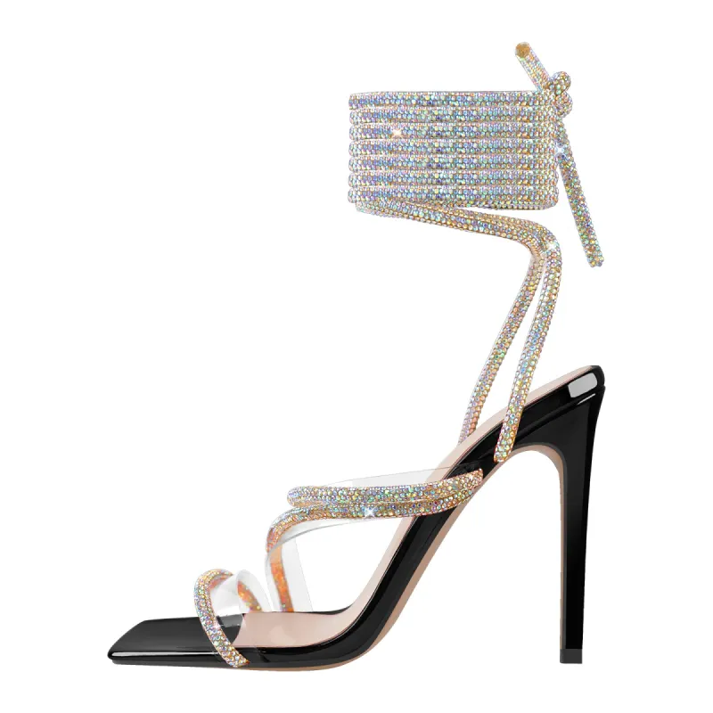Rhinestone Square Toe Lace-up Stiletto Sandals sold by Onlymaker
