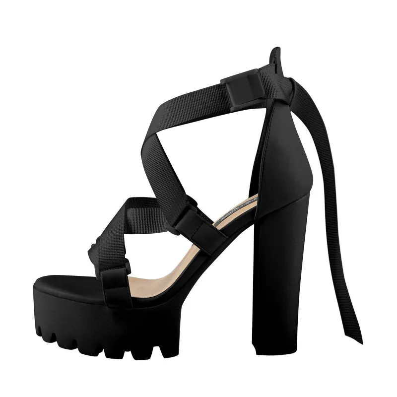 Open Toe Black Cross Strap Platform Block Heel Sandals sold by Onlymaker