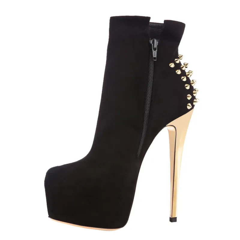 Black Suede Platform Golden Rivet Stiletto High Heel Ankle Boots sold by Onlymaker