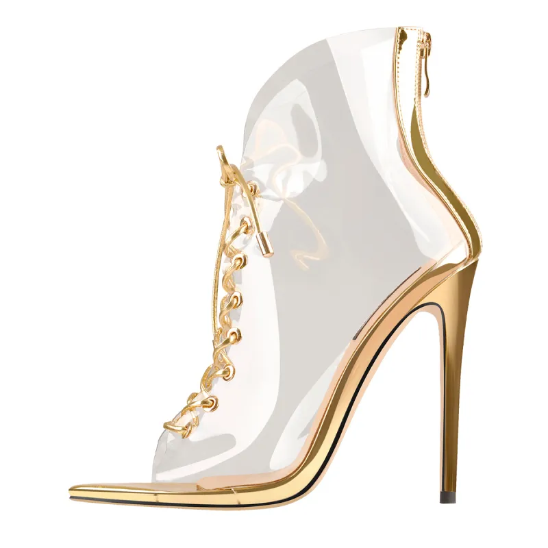 Open Toe Golden Lace up Transparent Zip Ankle Sandals Boots sold by Onlymaker