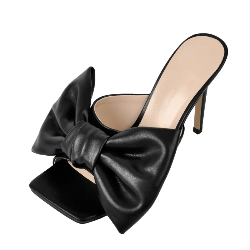 Black Bow Leather Square Toe High Stiletto Heels Sandals sold by Onlymaker