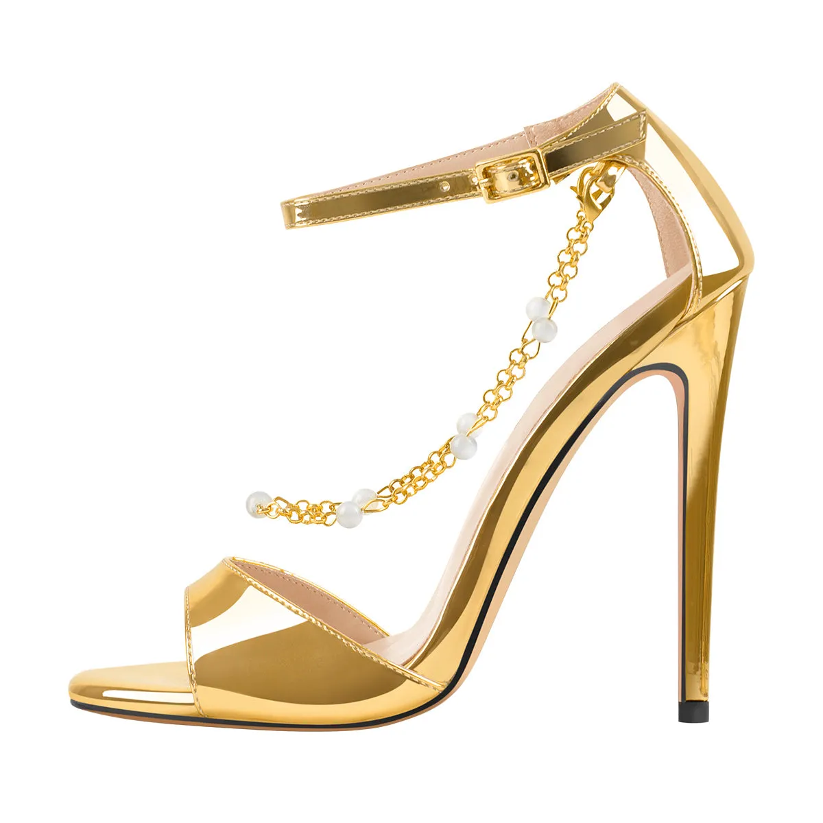 Gold Pearl Metal Chain Ankle Strap Open Toe High Heel Sandals sold by Onlymaker