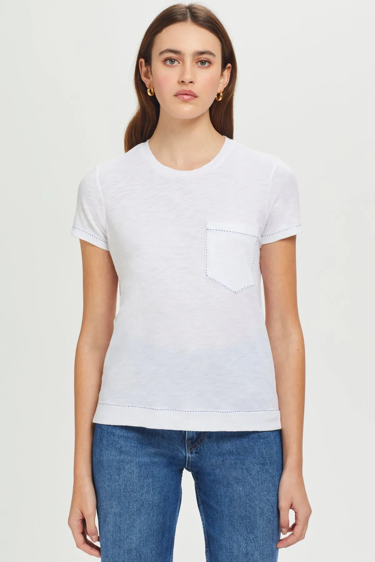 Running Stitch Pocket Tee sold by Goldie Tees