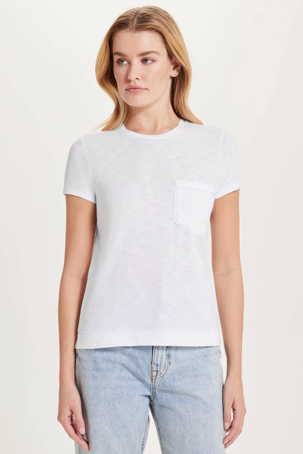Running Stitch Pocket Tee sold by Goldie Tees