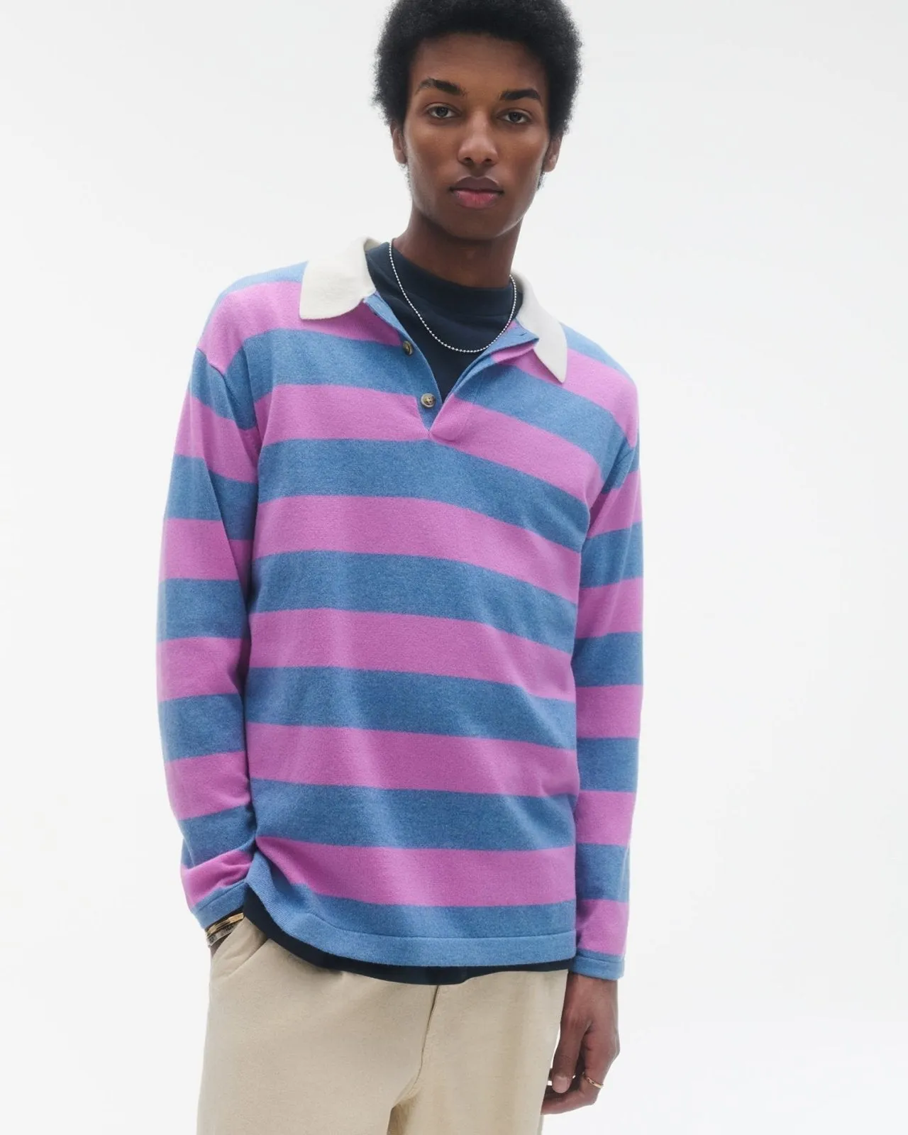 Striped Rugby - Fuchsia/Denim Blue Stripe - Men's Content Block 1 sold by Guest In Residence