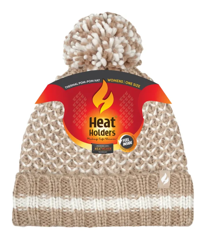 Women's Lyon Textured Knit Roll Up Hat With Pom Pom sold by Heat Holders