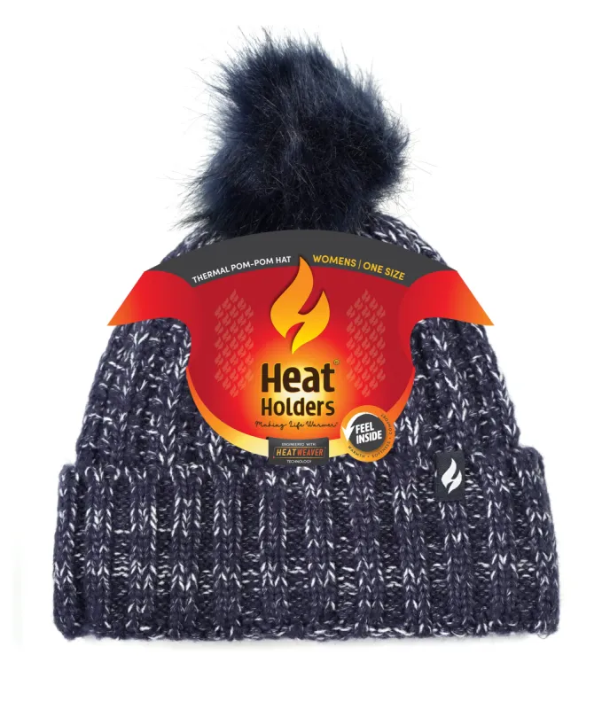 Women's Marseille Ribbed Roll Up Hat With Pom Pom sold by Heat Holders