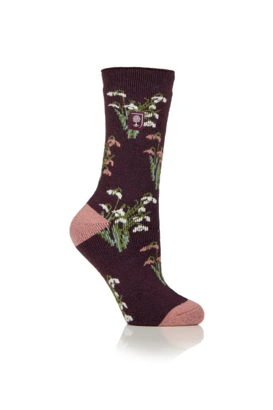 Women's Lite RHS Snowdrops Crew Sock Mulberry made by Heat Holders