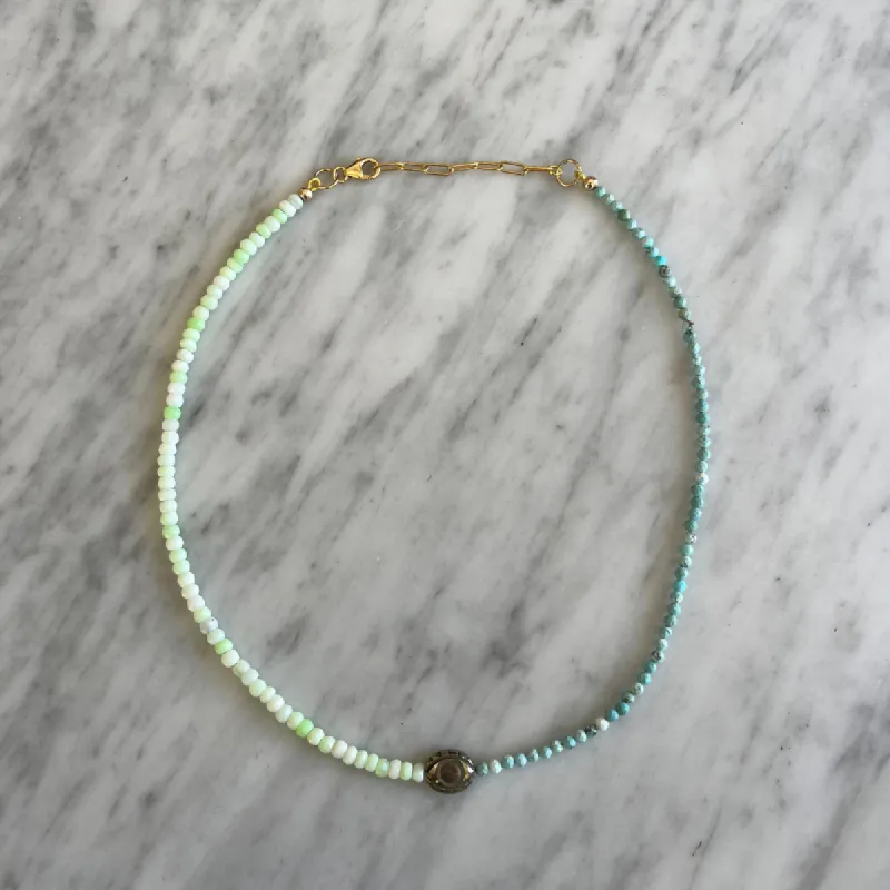 50/50 Teeny Turquoise & Lime Green Opal with Pyrite Eye Gemstone Necklace sold by HART
