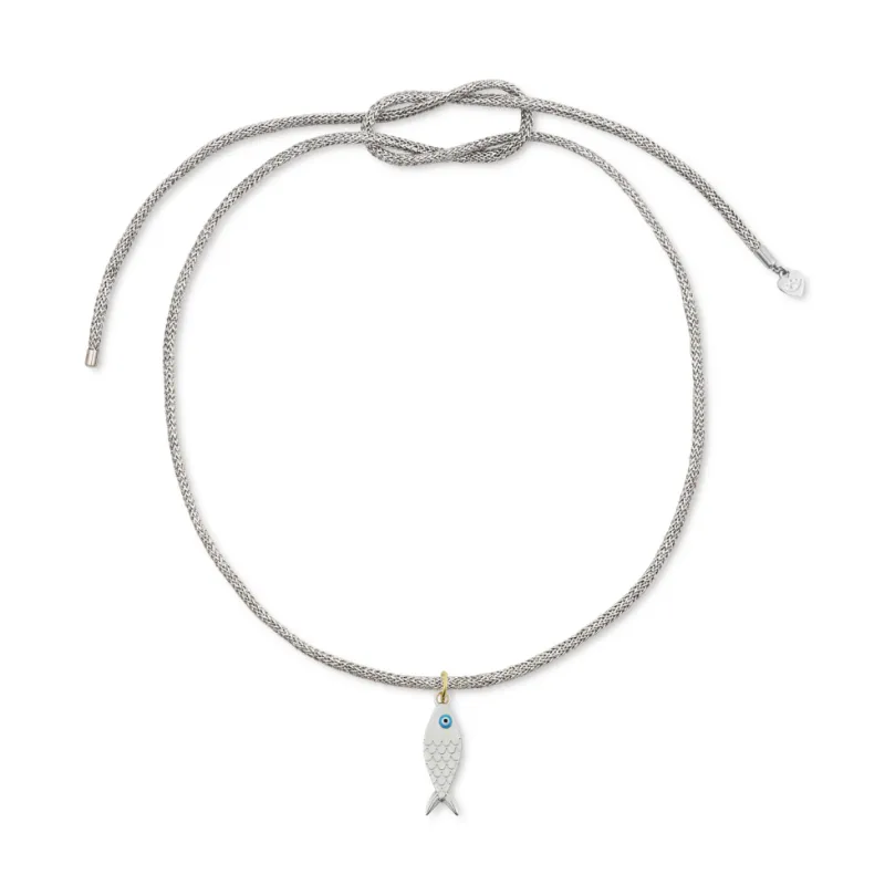 Silver Lurex Necklace Cord with Silver Fish Charm sold by HART