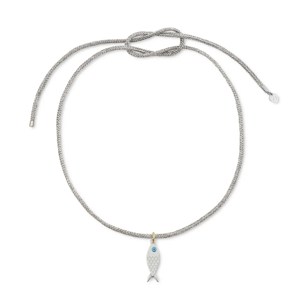 Silver Lurex Necklace Cord with Silver Fish Charm sold by HART
