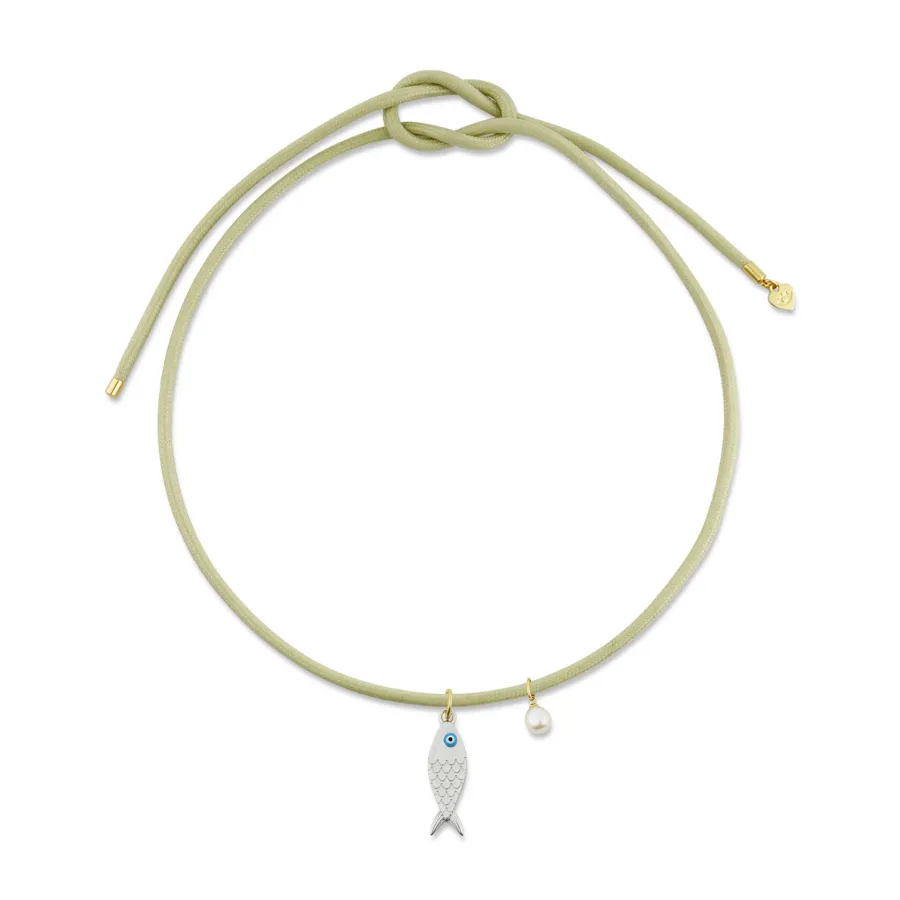 Vineyard Green Necklace Cord with Silver Fish and Cloud Pearl sold by HART