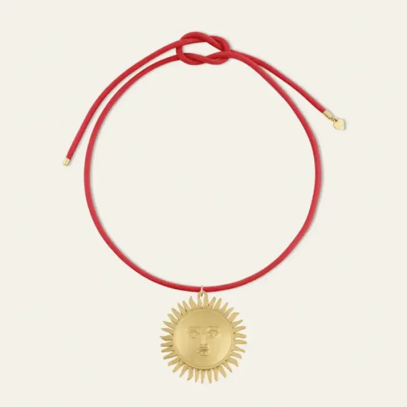 Sun Medallion on Coral Red Necklace Cord made by HART