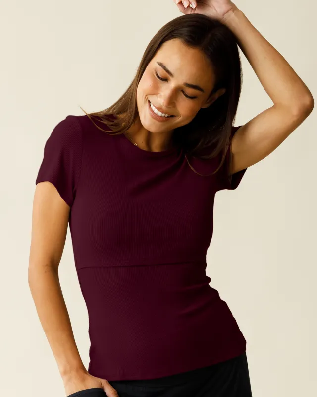 Ribbed Bamboo Crew Neck Nursing T-shirt | Deep Burgundy made by Kindred Bravely