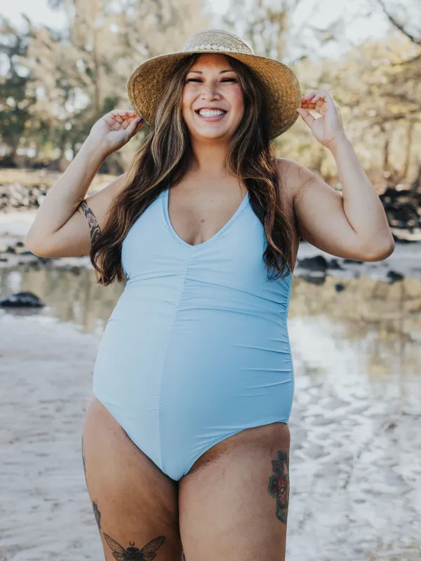 Gathered Maternity One Piece Swimsuit | Light Blue sold by Storq