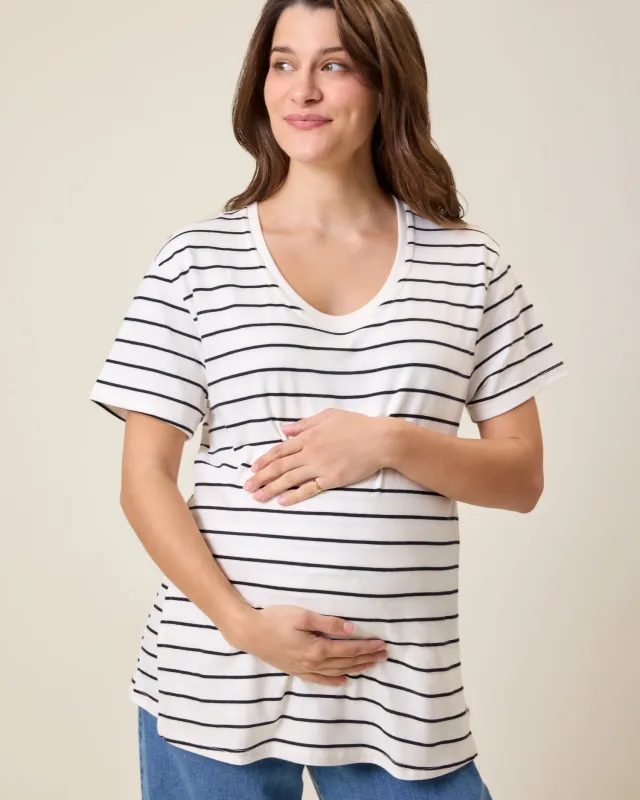 Relaxed Cotton Maternity & Nursing T-shirt | White & Black Stripe made by Kindred Bravely