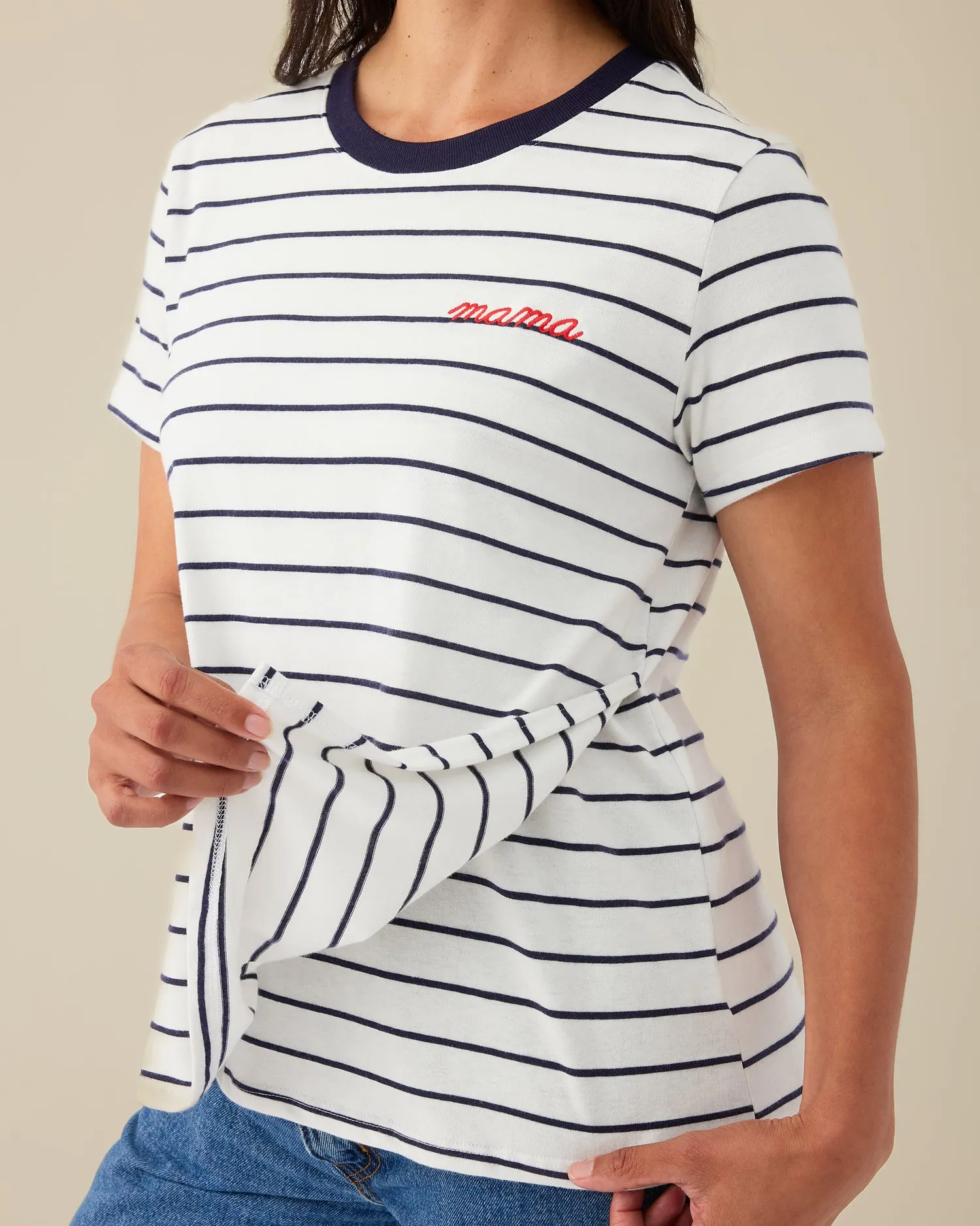 Classic Cotton Nursing T-shirt | Navy & White Stripe - Embroidered sold by Storq product image thumbnail 2