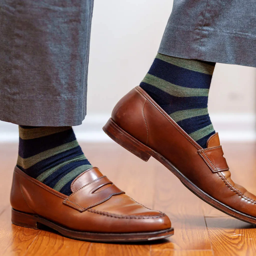 Olive Stripes on Navy Merino Wool Mid Calf Dress Socks sold by Boardroom Socks product image thumbnail 5