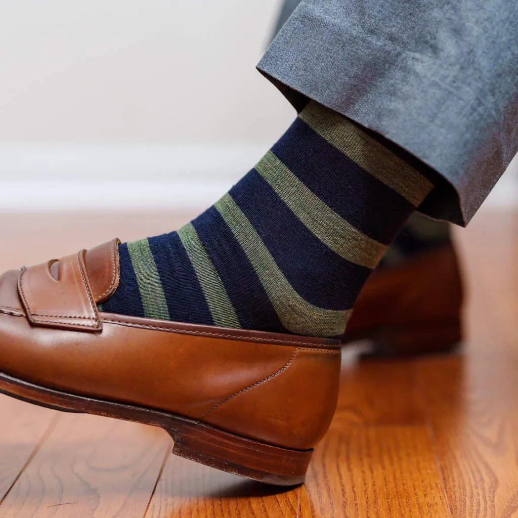 Olive Stripes on Navy Merino Wool Mid Calf Dress Socks sold by Boardroom Socks product image thumbnail 2