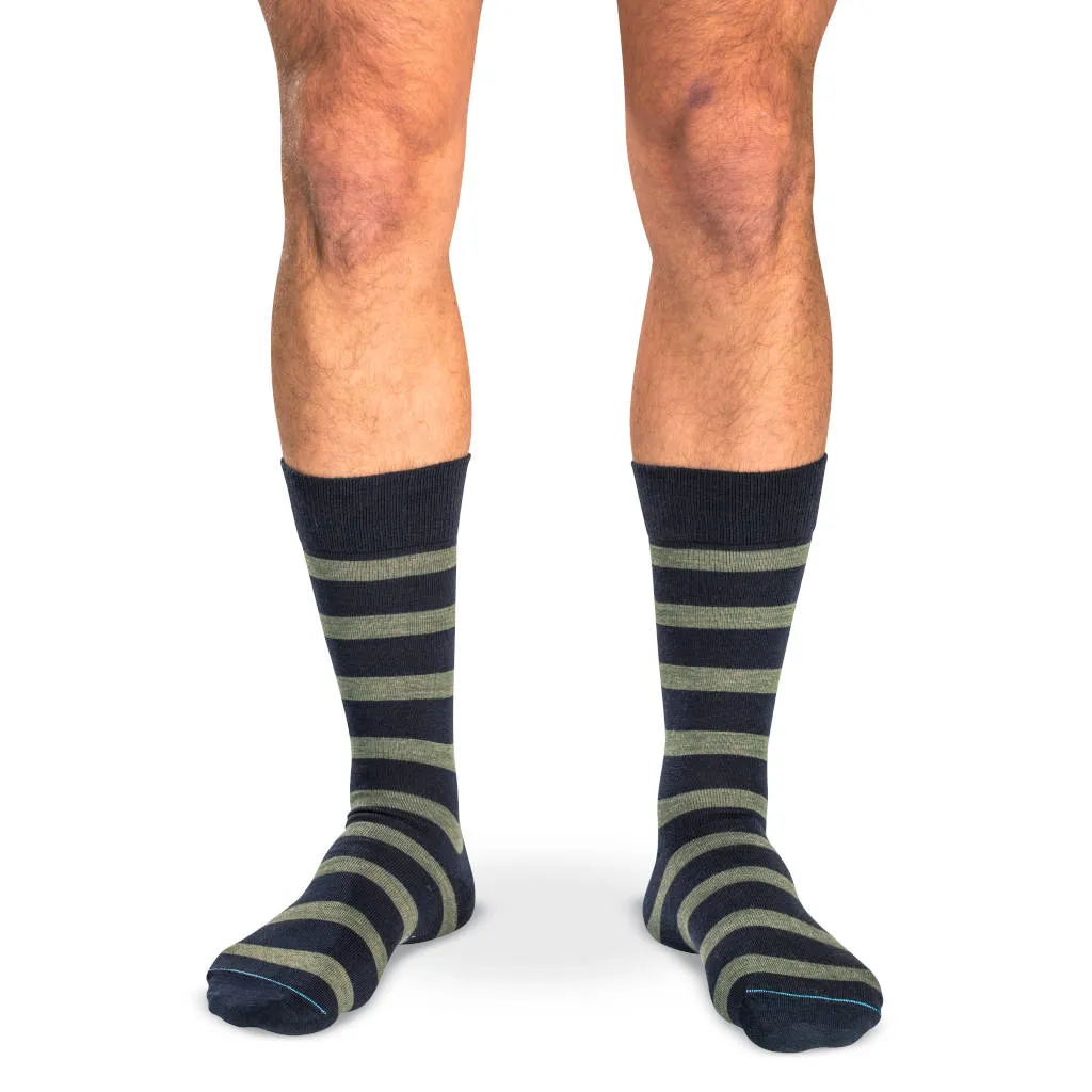 Olive Stripes on Navy Merino Wool Mid Calf Dress Socks sold by Boardroom Socks