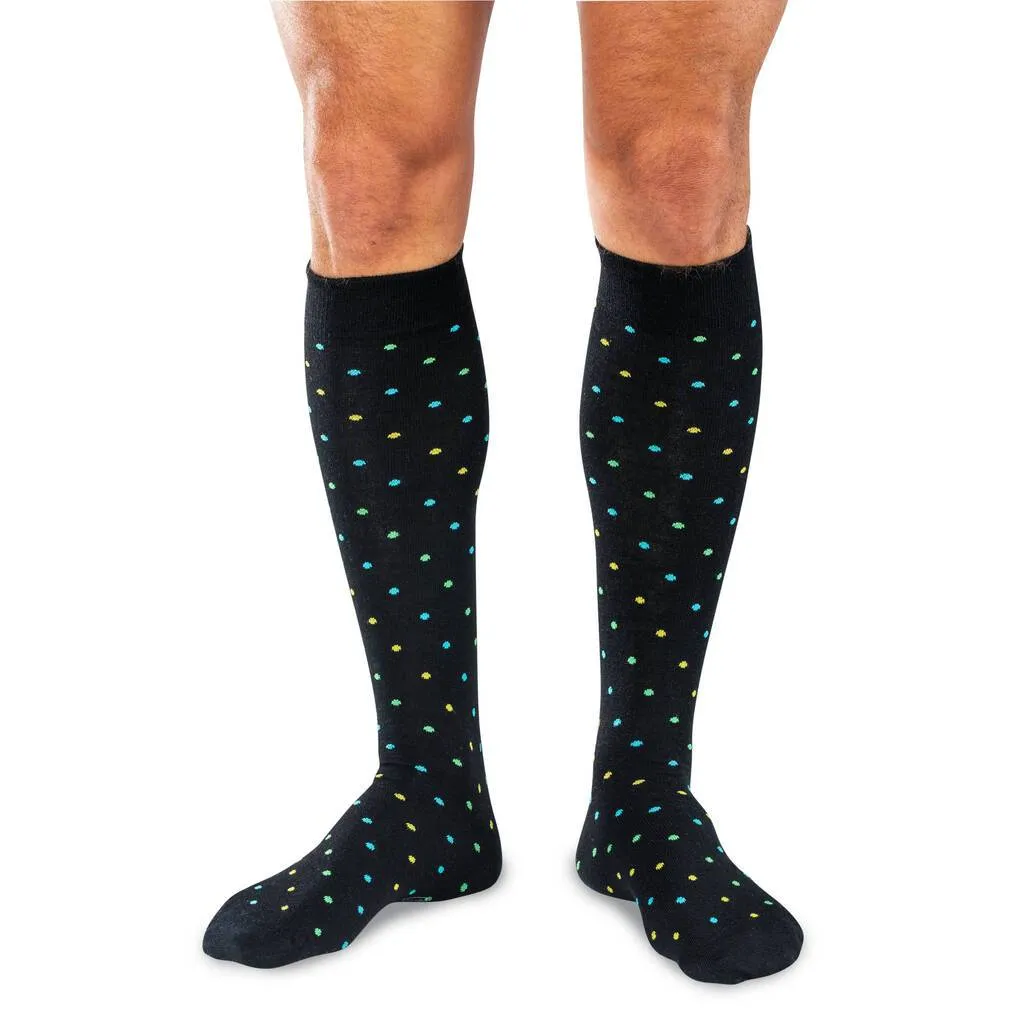 Tri-Color Dots on Black Merino Wool Over the Calf Dress Socks sold by Boardroom Socks