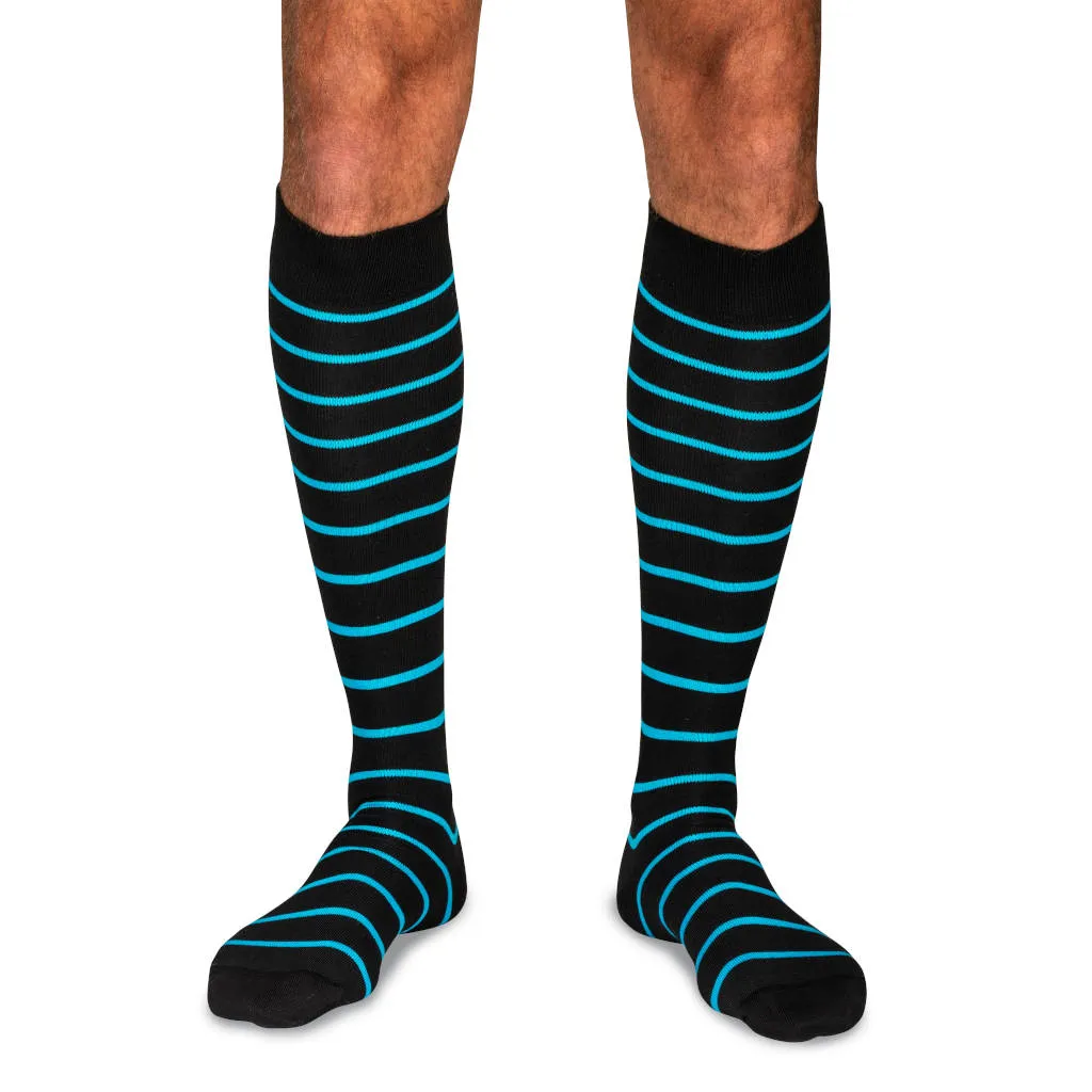 Sapphire Stripes on Black Cotton Over the Calf Dress Socks sold by Boardroom Socks