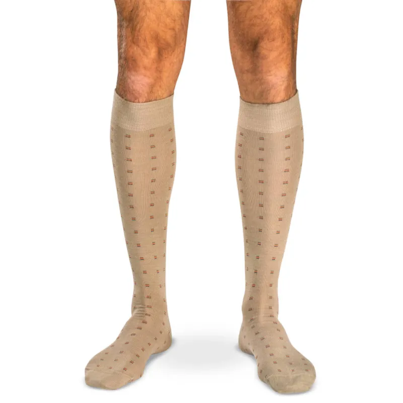 Colorful Square Knots on Khaki Merino Wool Over the Calf Dress Socks sold by Boardroom Socks