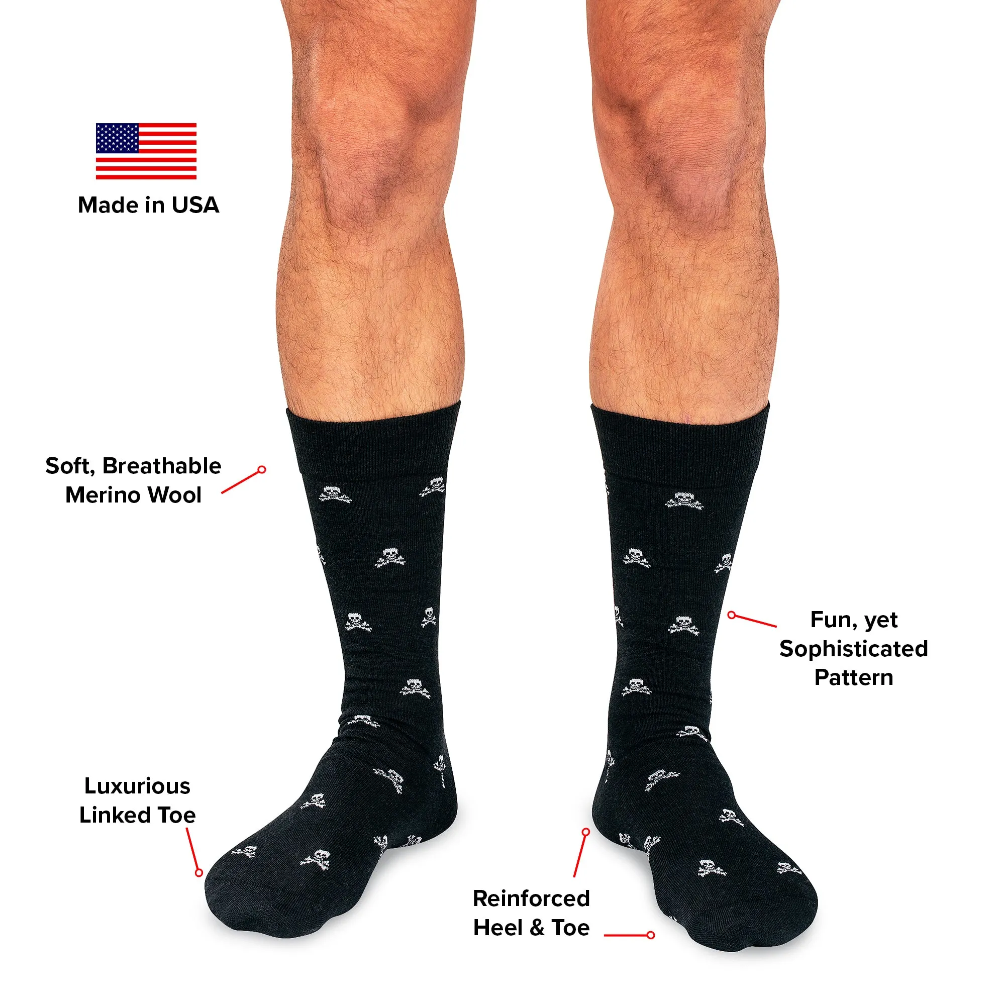 Jolly Roger on Black Merino Wool Mid Calf Dress Socks sold by Boardroom Socks product image thumbnail 3