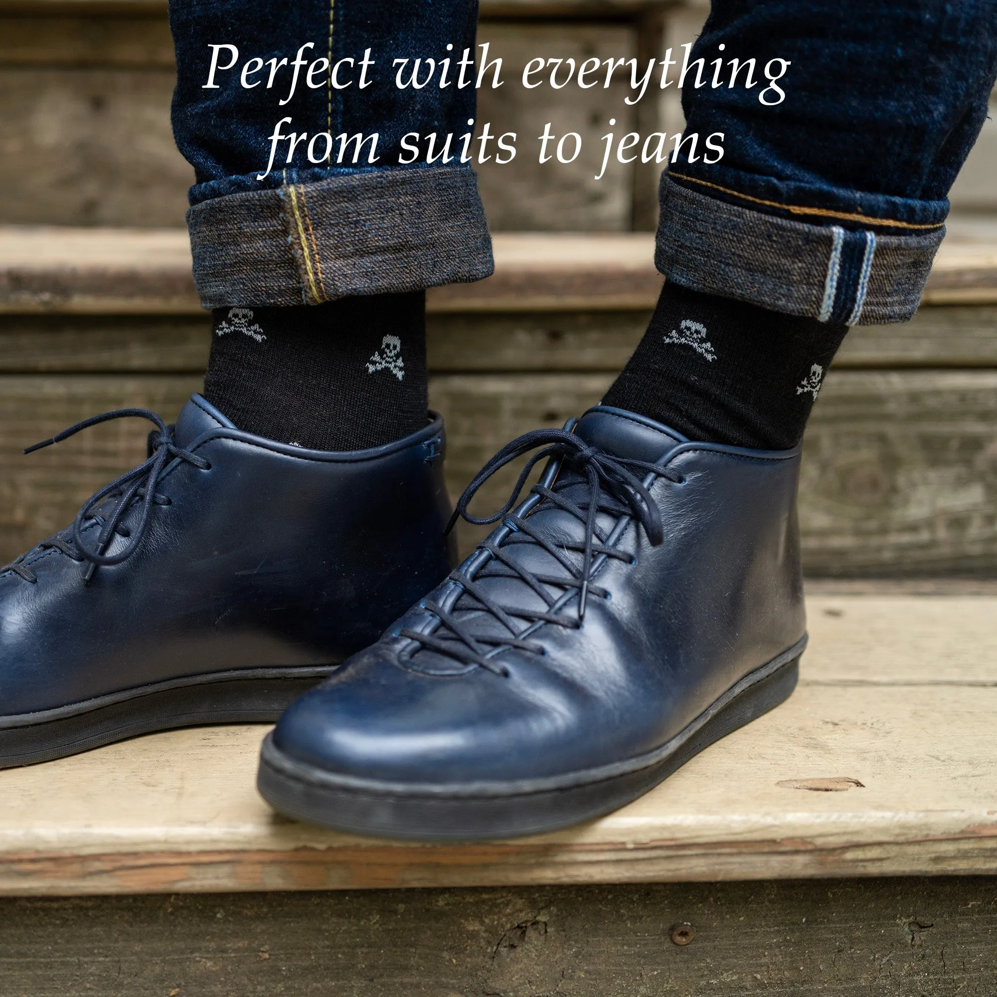 Jolly Roger on Black Merino Wool Mid Calf Dress Socks sold by Boardroom Socks product image thumbnail 5