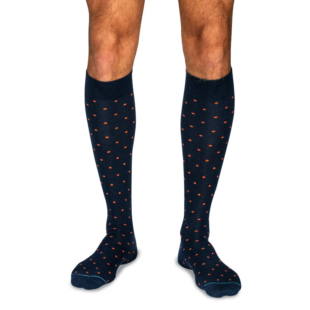 Orange Dots on Navy Merino Wool Over the Calf Dress Socks sold by Boardroom Socks
