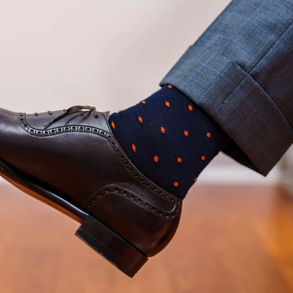 Orange Dots on Navy Merino Wool Over the Calf Dress Socks sold by Boardroom Socks product image thumbnail 2